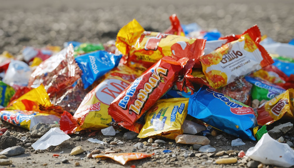 A collection of plastic candy wrappers contributing to environmental pollution