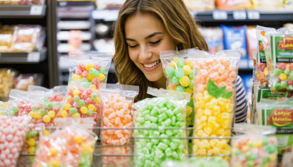 A customer choosing sustainable candy options in a retail environment