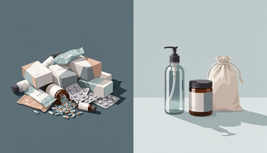 Eco-focused delivery and packaging scene with a reusable tote and crumpled mailer on concrete