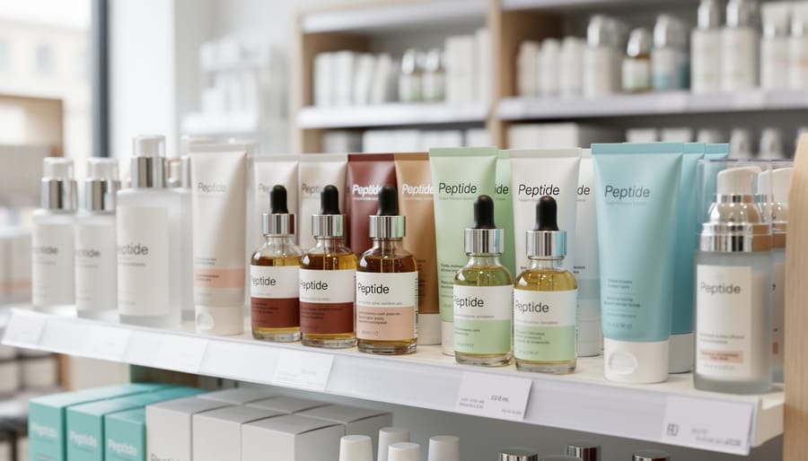 Skincare shelf with unlabeled glass dropper bottles and a jar in a bright studio setting