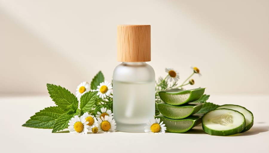 Fresh aloe leaves and herbs on a tabletop next to an unlabeled clear dropper bottle