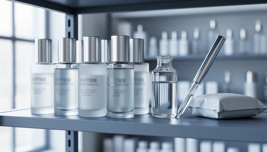 Skincare products on a store shelf beside a laboratory vial and cold-pack, suggesting the link between research peptides and the beauty industry.